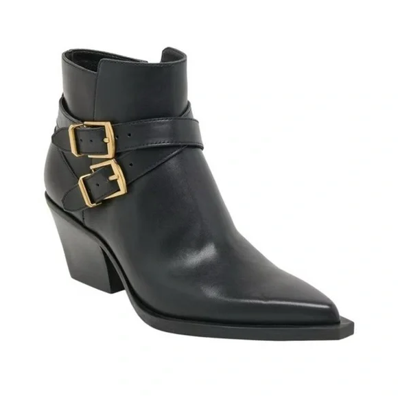 Dolce Vita Black Leather Ankle Boots with Gold Buckles - Picture 2 of 7